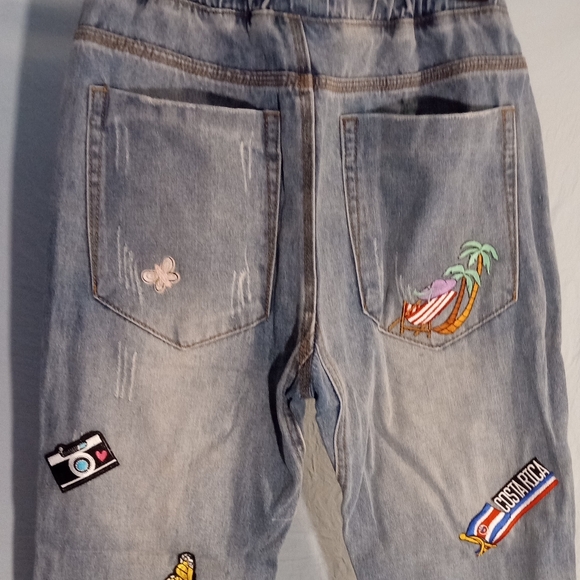 Really Cute Embroidered Patches On Denim Joggers with Drawstring - Picture 8 of 13